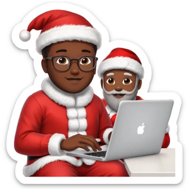 Jeune développeur homme de teint noir, assis devant un ordinateur portable affichant du code, dans une ambiance de week-end festive. À côté de lui se tient le Père Noël, souriant, portant sa tenue traditionnelle rouge et blanche.  sticker