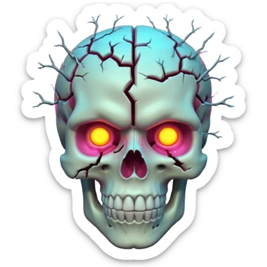 3D skull with cracked open brain glowing neon inside, dark phonk vibe, intense attitude sticker