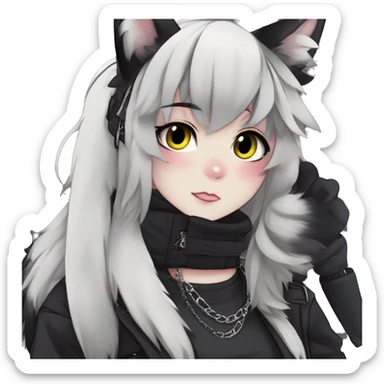 Gorgeous furry gothic dark techwear anime style anthro black cat furry sona Fakemon with blushing face aesthetic and pretty edgy black with collar and harness trending style chains cargo pants tomboy sticker