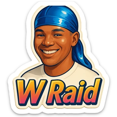 Smiling no teeth
make his shirt white
Change His durag To BLUE
Make it say "  W Raid " sticker