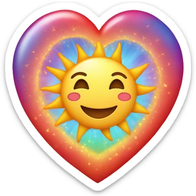 A smiling sun with heart-shaped rays. Inside the heart, two interlocking wedding rings. The sun's eyes are tiny red hearts. A small rainbow arcs below, connecting the rings. sticker
