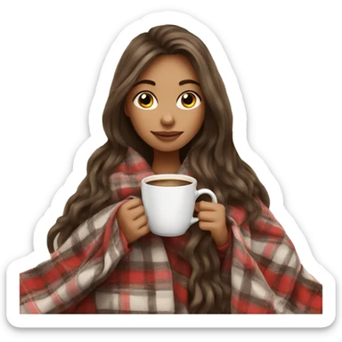 Beautiful girl with long hair wrapped in cozy plaid blanket drinking coffee sticker