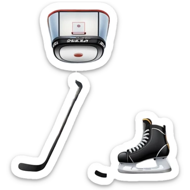 An icon featuring close-up shots of key hockey equipment: a hockey stick, puck, and skates. The background shows a packed stadium with cheering fans, bright arena lights, and an icy rink. Transparent background highlights the essentials of the game and the thrill of the sport. sticker