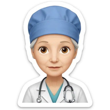 older woman doctor with scrub cap no smile sticker