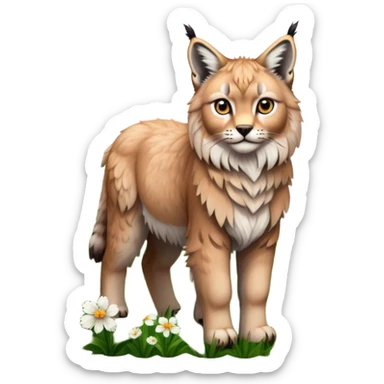Collage of exotic animals: a lynx with striking eyes, and a fluffy alpaca standing in a lush meadow. The lynx gazes intently while the alpaca looks calm and curious. Surrounded by vibrant plants and flowers. Transparent background for a lively, colorful scene. sticker