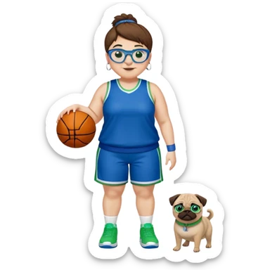 Full Body plus size white female basketball player with short medium brown hair with  spike hair wearing blue glasses 
With a pug wide nose wearing blue green uniform  green sneakers smiling wearing silver hoop earrings sticker