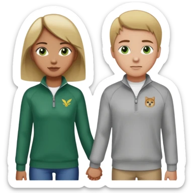 white guy with green eyes and brown hair wearing a quarter zip holding hands with a short filipino girl with blonde hair and long eyelashes wearing y2k girl styled clothing  sticker