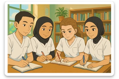 Four nursing students, Ghibli style, inspired by the faces in the photos, taking notes together at a table. They wear short-sleeved white uniforms with V-neck medical tunics, left chest pocket, no collar stand, no stethoscopes, bare forearms, and long hair tied back for those who have it. The interior decor is bright and studious. sticker