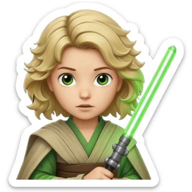 Young jedi with dirty blonde wavy hair holding a green lightsaber sticker