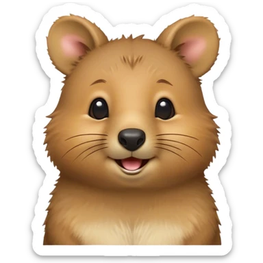 Cinematic Cute Quokka Portrait Emoji, Head tilted playfully and inquisitively, featuring a fluffy, round face with a naturally cheerful grin and bright, sparkling eyes full of playful curiosity, Simplified yet irresistibly adorable features, highly detailed, glowing with a warm, friendly glow, high shine, affectionate and spirited, stylized with a touch of Aussie whimsy, bright and endearing, soft glowing outline, capturing the essence of a mischievous yet loving quokka, so playful it feels like it could scamper out of the screen and into your arms! sticker