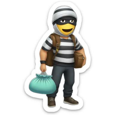 thief with money bag, striped shirt, a eye mask, and a cap sticker