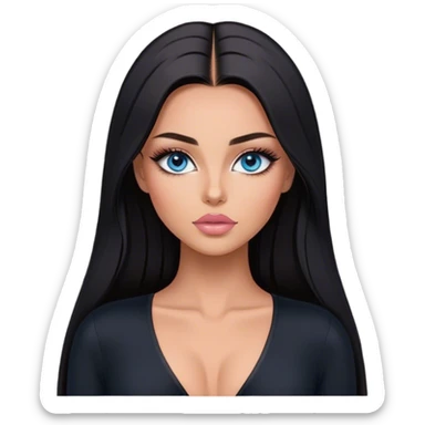Glamours make-up, tanned, beautiful, girl, with blue eyes, big pump peach-beige-rose lips, eyeliner, long lashes, black straight smooth silky long hair, parting hair in the middle,  in black v-neck bodysuit long sleeves sticker
