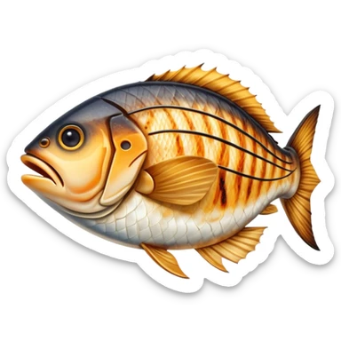 Cinematic Realistic Gradele (Grilled Fish) Dish Emoji, depicted as perfectly grilled fish with a smoky, charred finish rendered with lifelike detail and appetizing, natural lighting. sticker