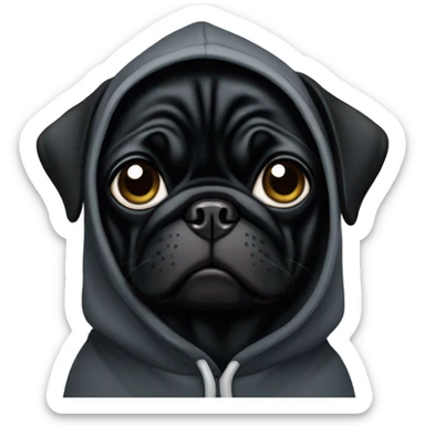 Black pug wearing a black hoodie sticker