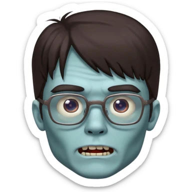 an emoji of a male zombie with dark brown hair and bangs that cover your entire forehead and extend to your eyebrows, wearing square, bluish glasses. sticker