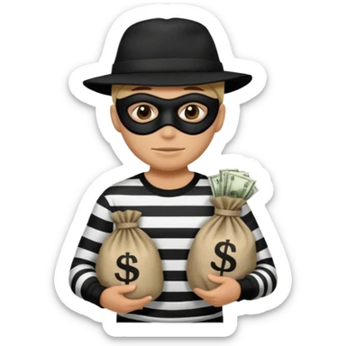 Crea un ladrón con un sombrero de delincuente y un saco de dinero, el ladrón tiene una camisa de rayas negras y blancas y el rostro un antifaz color negro. sticker