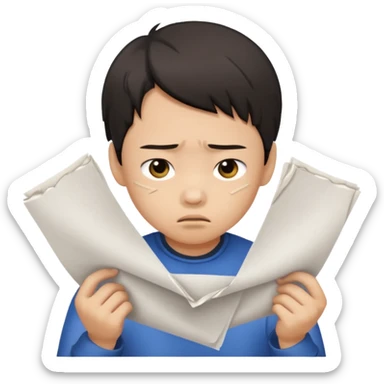 Envy - feeling of discontent at another\'s advantages or possessions - young chinese boy tearing up papers sticker