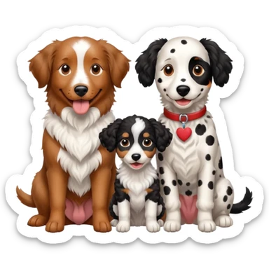 An Australian shepherd, sausage dog, Dalmatian and poodle sitting beside each other  sticker
