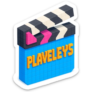 isometric view of a movie clapperboard with the text 'PLAVLEYS' written on it, voxel style sticker