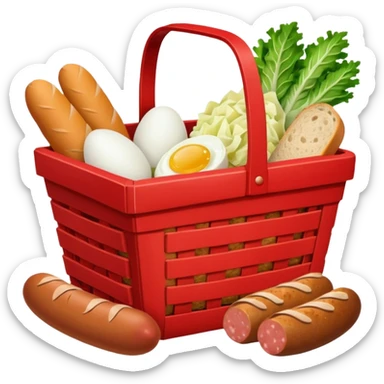 red basket with groceries: milk, bread, sausage, eggs, potatoes, carrots, onions, cabbage sticker