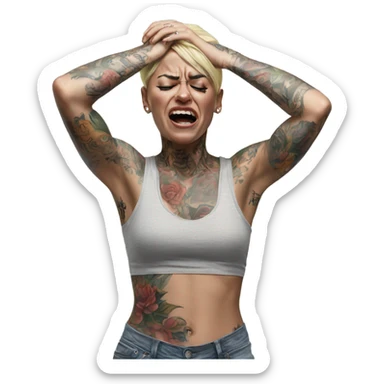 Hyper Realistic Beautiful tattooed woman crying and reaching her arms out sticker