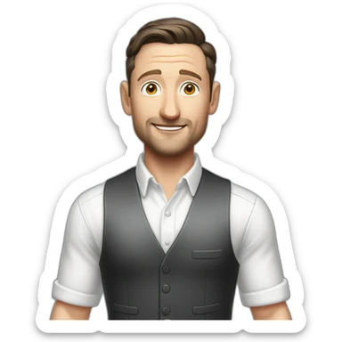 tim robinson dark black slicked back hair white shirt with a light grey vest pouring water on a steak sticker