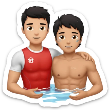 Dark Tan Muscular teen lifeguard boy with messy black hair rescuing old lady in pool sticker