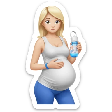 Woman blonde hair white tank top blue leggings pregnant belly holding a pump sticker