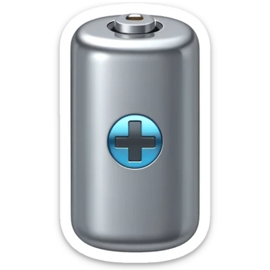 A battery emoji made of silver chrome, smooth rounded shape, minimal futuristic design, glossy metallic finish, soft reflections, iOS emoji style, centered on clean white background sticker