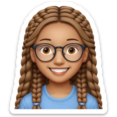 14-year-old Asian girl, long light brown braids, square glasses, big open smile sticker