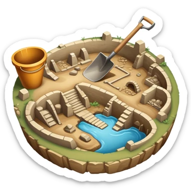 An icon showing an ancient city excavation site with a shovel, an old map, and uncovered ancient amphoras. The design captures the thrill of uncovering historical treasures and ruins. Transparent background highlights the excitement of archaeological discovery. sticker