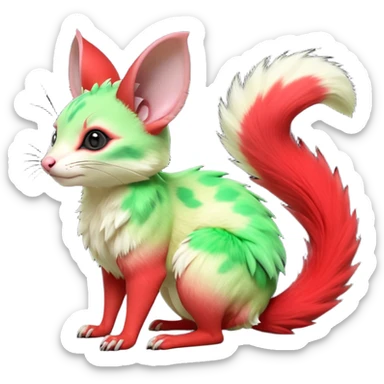  hyper-realistic neon-green-red-gradients black-pointed natural realistic divine beautiful elegant pretty precious cute young youthful  Fakémon-Pokémon-alien-opossum-squirrel-feline-serval-caracal-chinchilla-Minccino-Cinccino-Meowstic-rodent-hybrid-creature with a big fluffy bushy tail (full body) sticker
