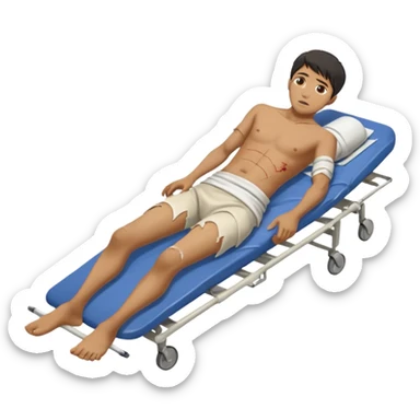 a man of oriental appearance, dressed in torn clothes, full length, in a prone position, with injuries on a medical stretcher, 1980 sticker