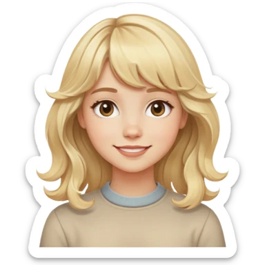 Create a cute emoji of a blonde girl with wavy hair, bangs. The emoji should have a warm, subtle smile and a friendly expression. Style it with a minimalist, modern aesthetic with soft edges and warm tones. sticker