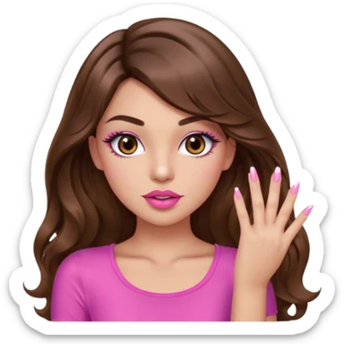 girl with long wavy brown hair, brown eyes, light to medium complexion, in a pink sexy top, pink puckered lips, long lashes, showing a manicure sticker