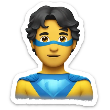 Superhero wearing a yellow and blue suit. He should have a distinctive yellow visor-style mask covering his eyes, shot black hair. heroic expression. sticker