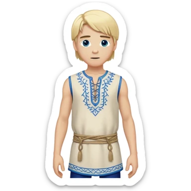 medieval summer outfit worn by a DnD themed fantasy male character. lightweight sleeveless wool tunic with a laced-up front and decorative embroidery. clothes only above the waist. The clothes full waist. The character's haven't arms. character is white-skinned, blonde hair, blue eyes, medium-length straight hair. sticker