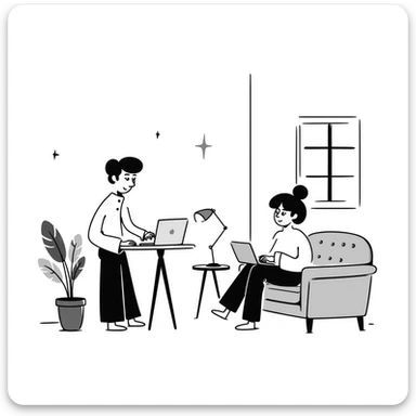 escenary 3d of a cozy mid-century living room with two people working on laptops, one man standing at a desk and one woman sitting on a couch, two walls and floor visible sticker