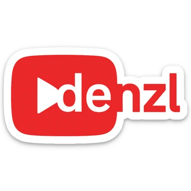 logo for 'denzl', YouTube-inspired, flat design, red and white palette, play button incorporated, suitable for a video channel sticker
