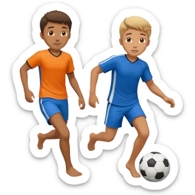 Two boys playing soccer at the beach no shirts. sticker