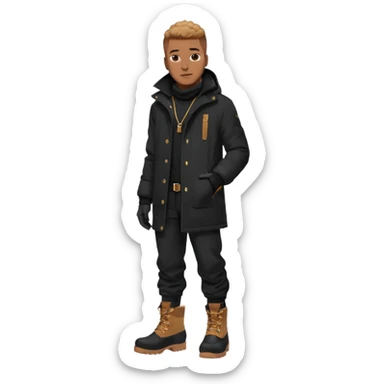 Handsome Black grown man with brown skin tone, wearing black joggers, a black weather coat, and buckwheat timberland boots, and black gloves sticker