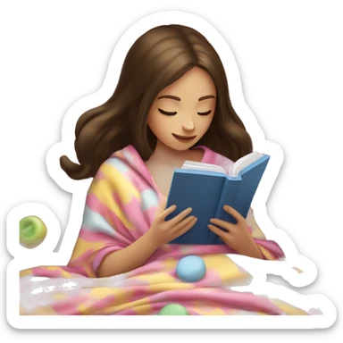 Brunette girl reading kindle under a blanket with sweets sticker