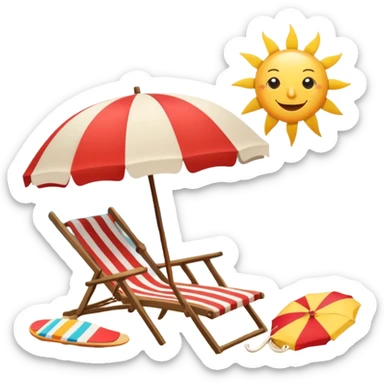Icon for Beach Tourism: a sunny beach with the sea and waves, a lounge chair, a sun umbrella, and flip-flops on the sandy shore. The background should be a clear, vibrant ocean view with the sun shining brightly. Transparent background. sticker