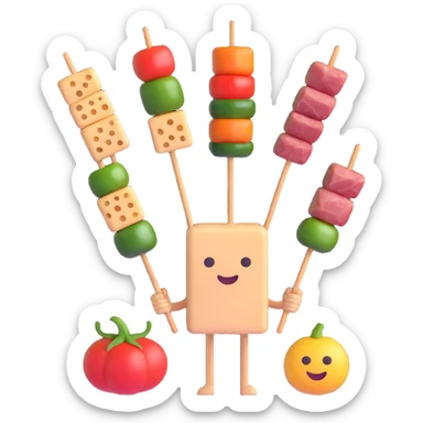 AI emoji, malatang ingredients (tofu, vegetables, meat skewers) with AI tech motifs, vibrant and playful sticker
