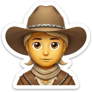 Clash of Clans aesthetic friendly Cowboy Portrait Emoji, With a rugged yet stylized build wearing a classic wide-brimmed hat and bandana, his face rendered in a natural skin tone (not yellow), determined eyes and a steely gaze, Simplified yet dynamic features, highly detailed, glowing with a warm, sunlit frontier radiance, high shine, brave and spirited, stylized with an air of Wild West heroism, focused and ready, soft glowing outline, capturing the essence of a fearless cowboy adventurer ready to ride into epic quests! sticker
