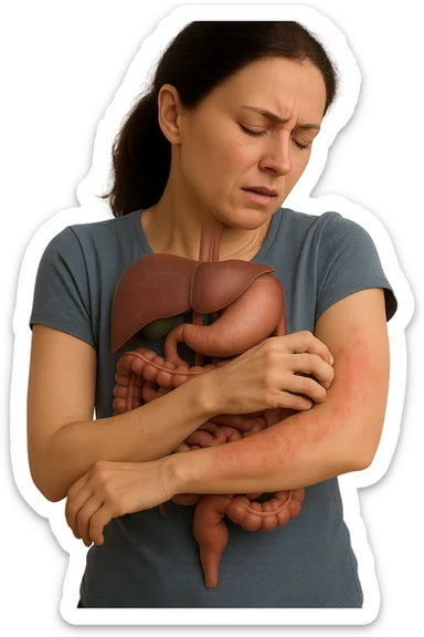 donna con intestino umano anatomico realistico che si gratta il braccio su cui ha un'eritema, iperrealistica 4k sticker
