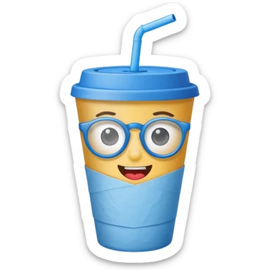 drink in a paper cup and straw, the cup has eyes and mouth and glassess sticker