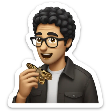 Man with black hair and glasses eating a moth sticker