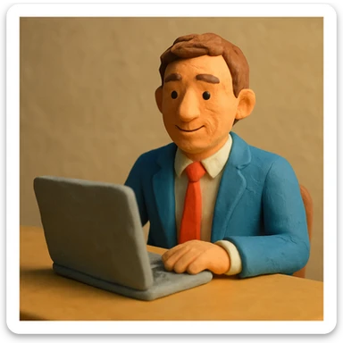 A 35-year-old male business coach sitting at a table with a laptop sticker