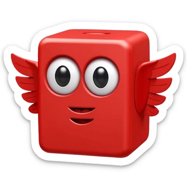 playful red cube figure with white accents, featuring large cartoonish eyes with question marks, a smiling mouth, and small wings attached to its sides sticker